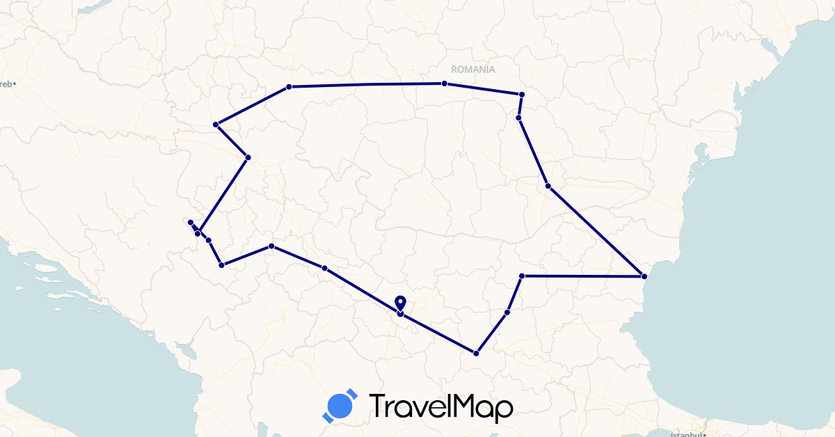 TravelMap itinerary: driving in Bulgaria, Romania, Serbia (Europe)
